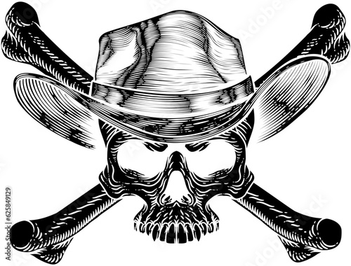 A cowboy grim reaper skull wearing a country or western style hat with pirate cross bones