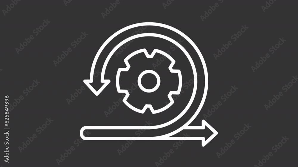 Agile development white animation. Rotating gear and arrows line animated icon. Different directions. Isolated illustration on dark background. Transition alpha video. Motion graphic