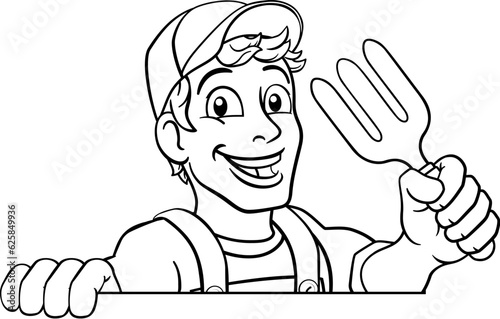 A gardener, handyman or farmer cartoon caretaker contractor man holding a garden fork tool. Peeking over a sign
