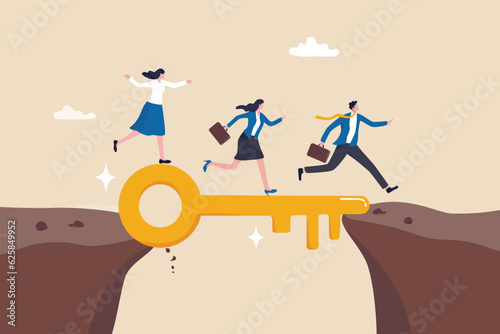Canvastavla Key success, solution to solve problem and overcome obstacle, link or connect bridge to help achieve success, resolution method or resolve concept, business people walk on key success cross the gap
