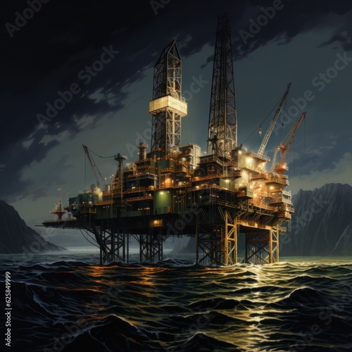 Piercing the ocean s surface  the colossal oil rig stands as a testament to human engineering and ingenuity. An emblem of our quest to harness the Earth s resources.