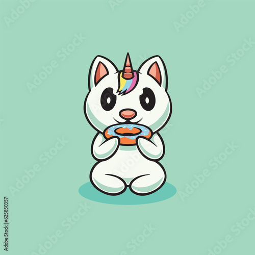 Cute Unicorn cat eating donut cartoon icon illustration