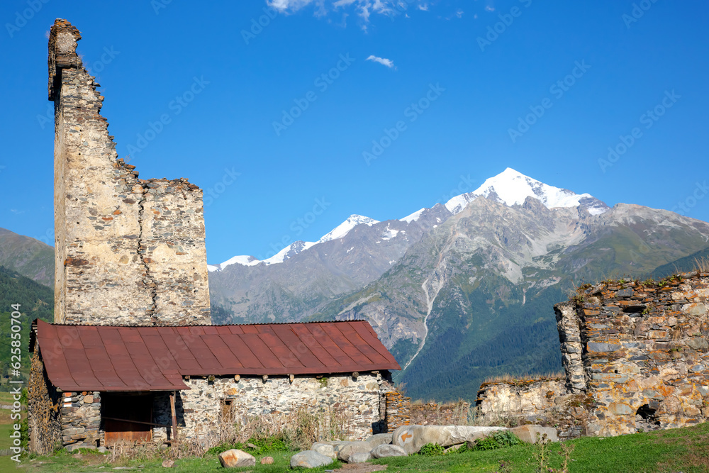 View of a village with old Svan towers in Georgia. travel in the mountains