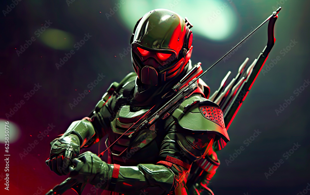 a soldier with a bow and arrow is holding a weapon on isolated dark background