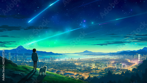 illustration painting style with child or kid and dog standing on high hill and looking to the wide cityscape at wonder night.inspiration and motivation idea.generative ai technology