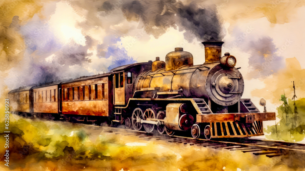 a painting of a wooden steam train in watercolor