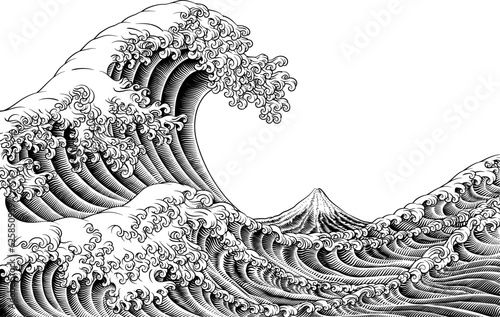 A Japanese great wave design in a vintage retro engraved etching woodcut style