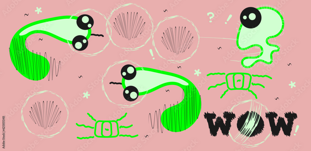 A set of funny characters. Doodle. The snake and the alien. Green baby snakes and a tiny alien A set of funny characters. Doodle. The snake and the alien. Green baby snakes and a tiny alien