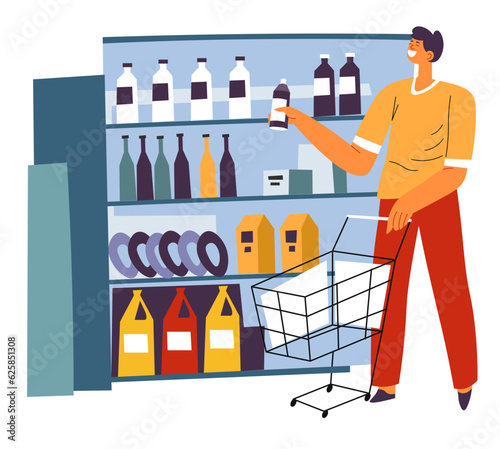 Male character buying products in supermarket