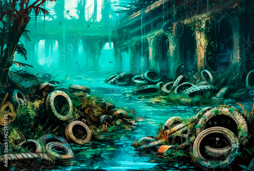 tires that are floating in a river, painting