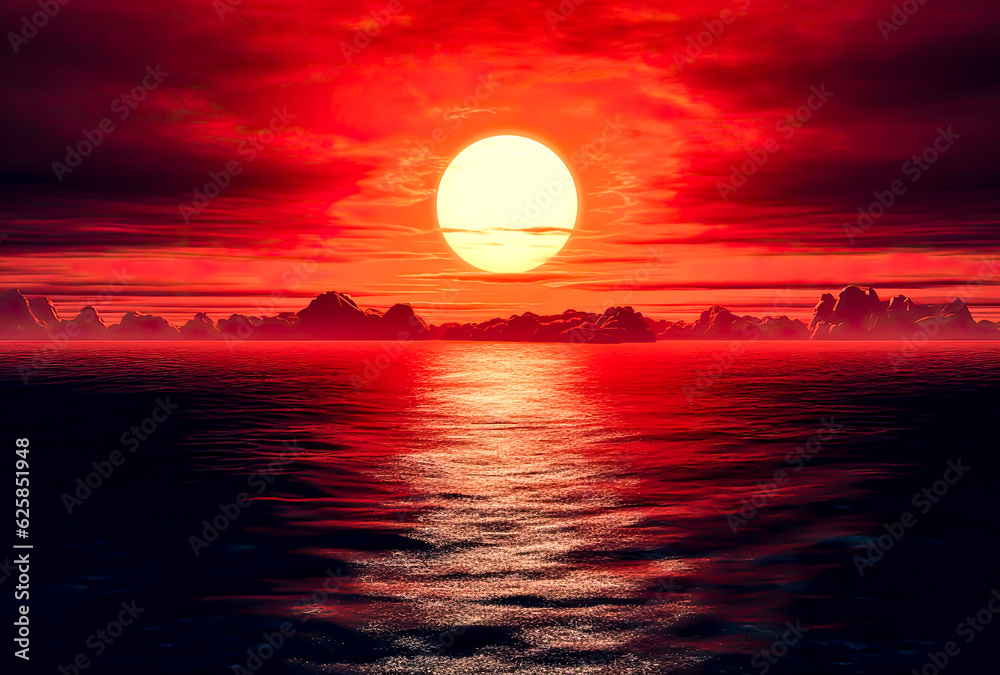 a red orange sun rising above the ocean