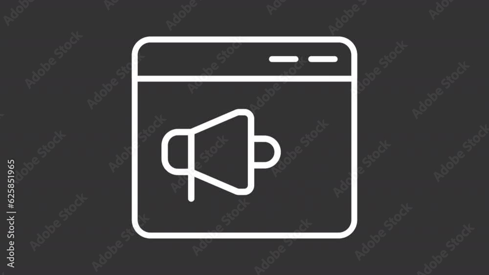 Online webinar white line animation. Loudspeaker in browser window animated icon. Live broadcast. Digital marketing. Isolated illustration on dark background. Transition alpha video. Motion graphic Online webinar white line animation. Loudspeaker in browser window animated icon. Live broadcast. Digital marketing. Isolated illustration on dark background. Transition alpha video. Motion graphic
