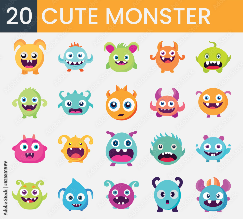 Obraz premium Cute monster character colorful silhouette head face flat icon set. Contains cartoon scary funny kids vector illustration such tooth fang, alien, eye, mouth. Happy halloween. White background.