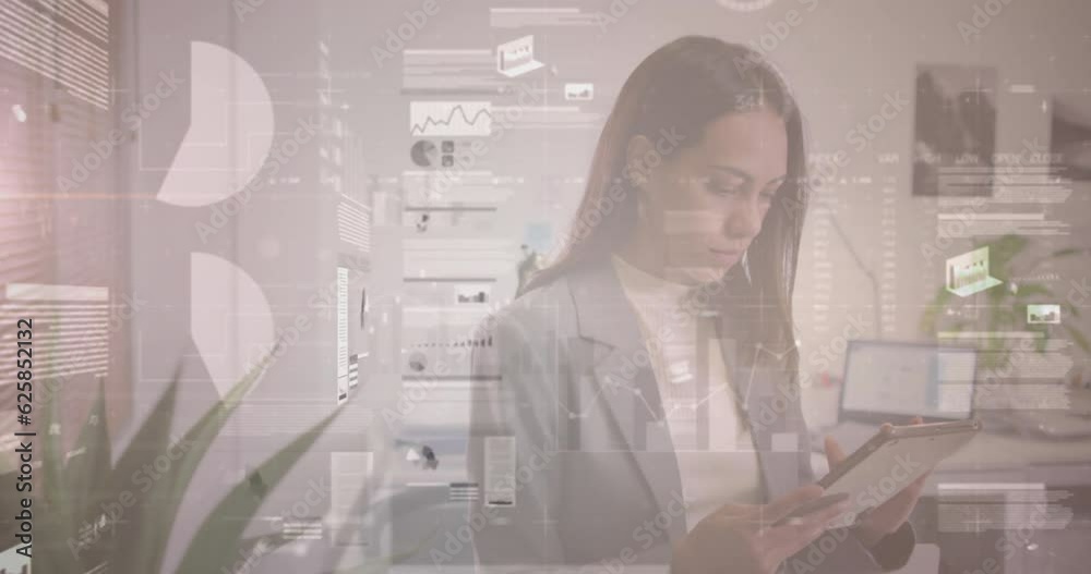 Animation of graphs and trading board over smiling biracial businesswoman surfing on digital tablet Animation of graphs and trading board over smiling biracial businesswoman surfing on digital tablet