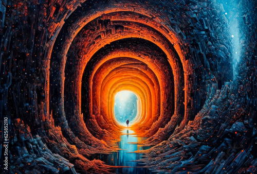 an abstract painting with a dark tunnel with a person in the middle, fantasy style