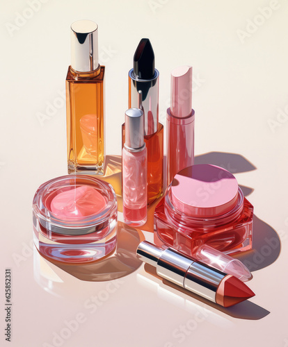Composition made of makeup brushes, lipstick, eye shadow, blush, perfume, cream, foundation, cosmetic product items. Make up female beauty routine, minimal face care facial beauty care object pattern.