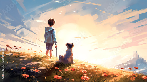 illustration of happy and relationship moment with kid or childen and dog looking the sun in painting style.generative ai art