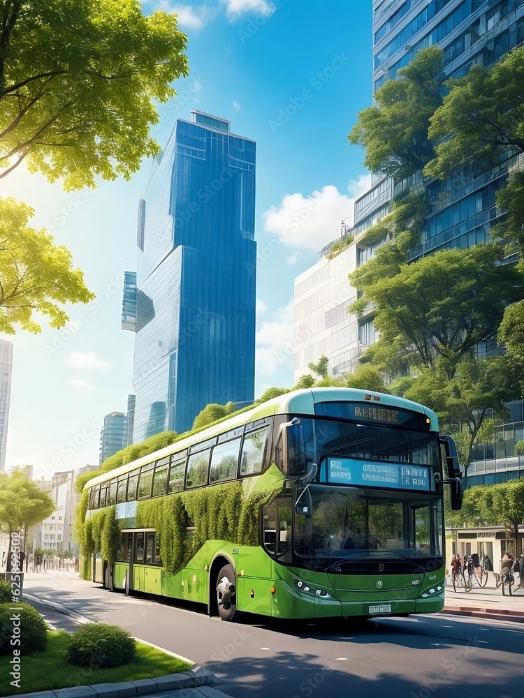 Obraz premium Sustainable Cityscape: A Green Energy Double-Decker Bus in Motion