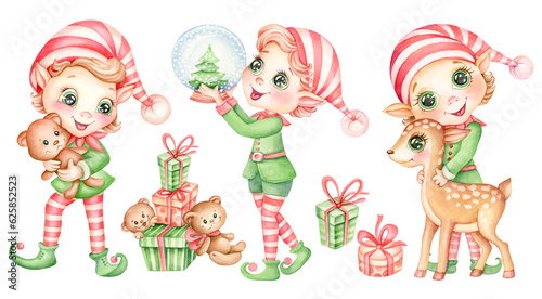 Set of cute Christmas elves with gifts. Watercolor clipart cute Santa s little helpers gnomes and presents isolated on white background. Hand drawn cartoon for Merry Christmas and Happy New Year cards