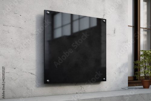 Blank black glass signplate on textured wall mockup photo