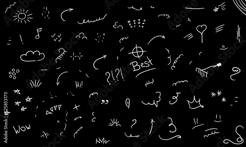 Draw cute line elements with a shiny pen. Draw a heart, an arrow, a star, an icon of a set of glitter jewelry symbols. A simple sketch line in sketch style.
