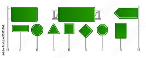 Vector road green sign realistic highway signage on pole 3d roadside pointers isolated