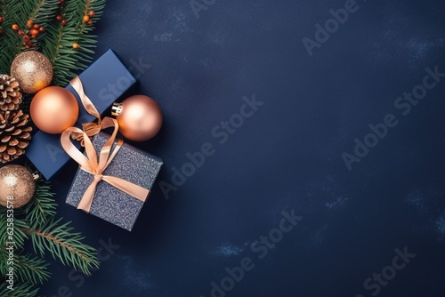 Christmas 3d realistic blls, gift boxe and green branches, against dark blue background. Made with Generative AI. photo