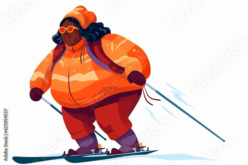 Skiing in the mountains. Bodypositive. Plus size woman in a ski suit skiing down the mountain. Flat illustration © Maria