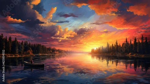 A boat in water with colorful sunset and clouds. (Generative AI)