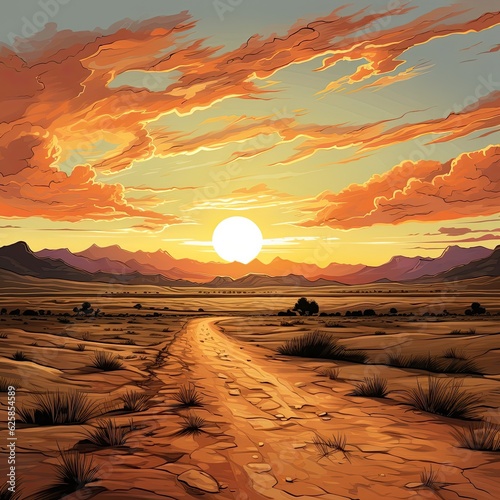 The sun sets over a distant desert plain. (Generative AI)