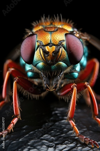 A fly insect magnified on a black background. (Generative AI)