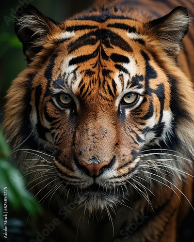 The tiger's face in close-up with a blurry background. (Generative AI)