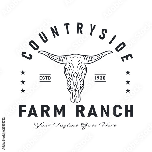 Vintage Retro Longhorn skull Bull Buffalo Cow for Western Countryside Farm Ranch Country logo design