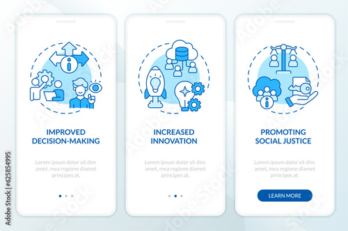 2D blue linear icons representing data democratization mobile app screen set. 3 steps graphic instructions, UI, UX, GUI template.