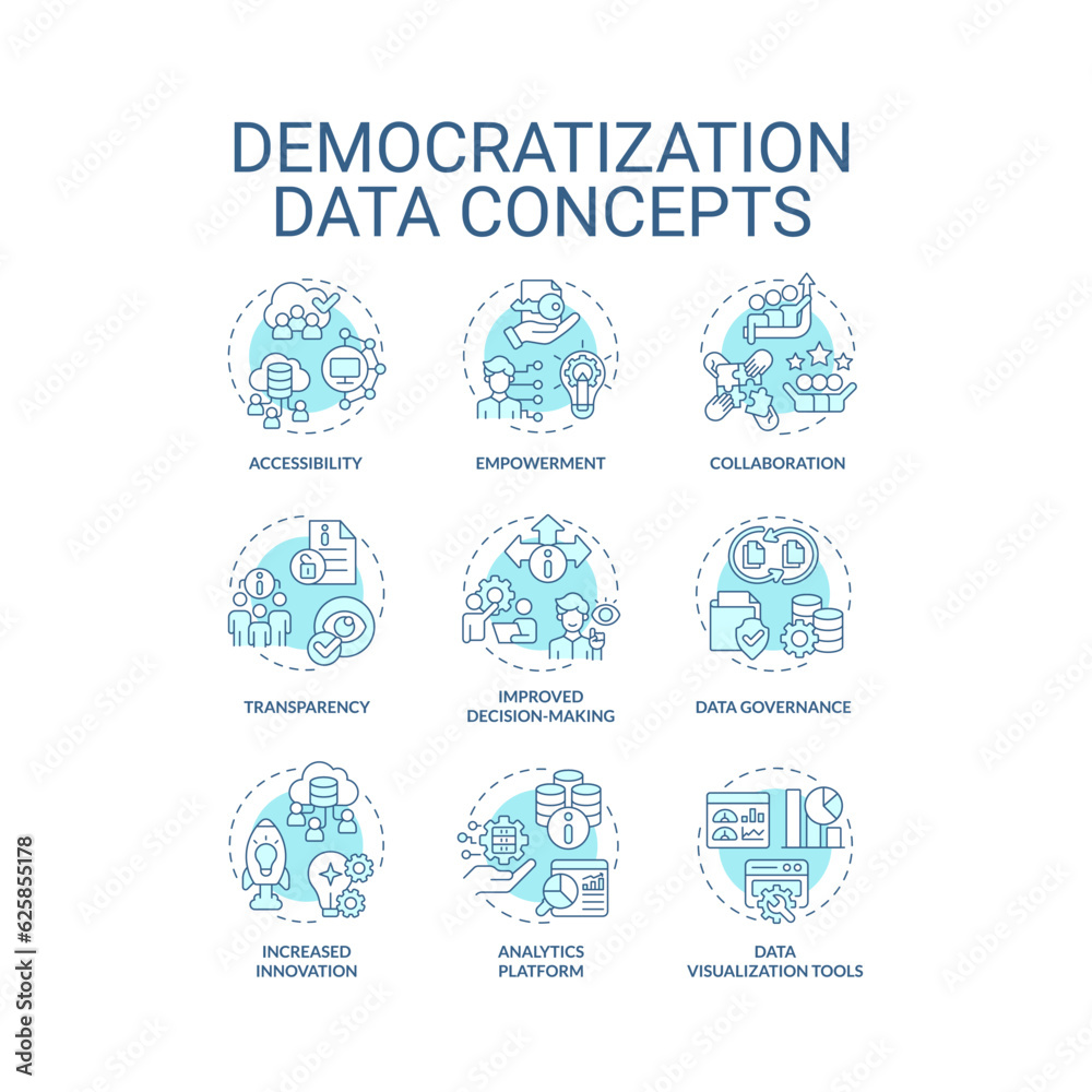 2D icons set representing data democratization concepts, isolated vector, thin line illustration.
