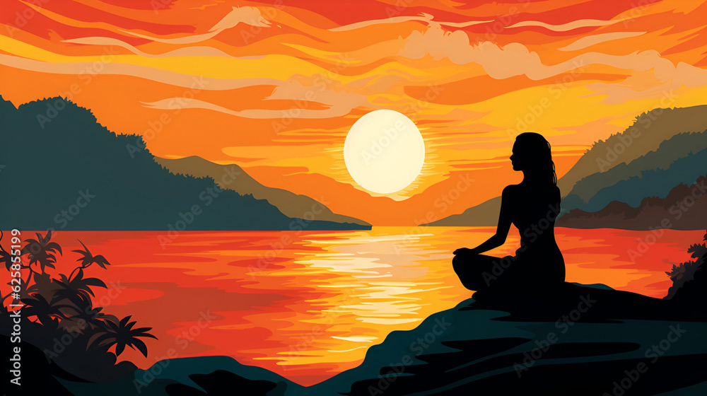 Silhouette of a beautiful woman practicing meditation at sunset. Serenity and inner peace. Generative AI.