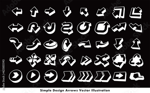 シンプルでクールな立体の矢印・方向指示記号のアローベクターアイコンイメージセット_白