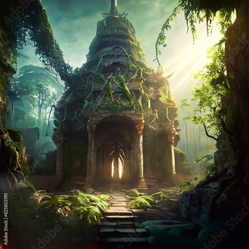 An ancient temple hidden in a dense jungle, guarded by mythical creatures and illuminated by a beam of sunlight, merging the realms of history and fantasy. photo