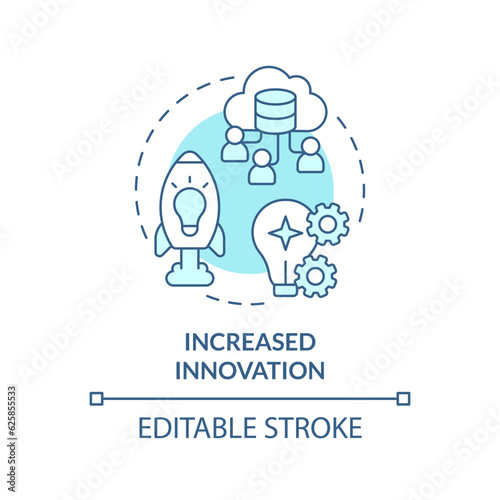 Editable increased innovation concept blue thin line icon, isolated vector representing data democratization.