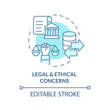 Editable legal and ethical concerns concept blue thin line icon, isolated vector representing data democratization.