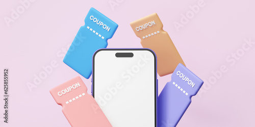Minimal cartoon discount coupons tag banner with mobile phone voucher promotion sale purchase cashback, refund marketing profitable shopping online concept. 3d render illustration