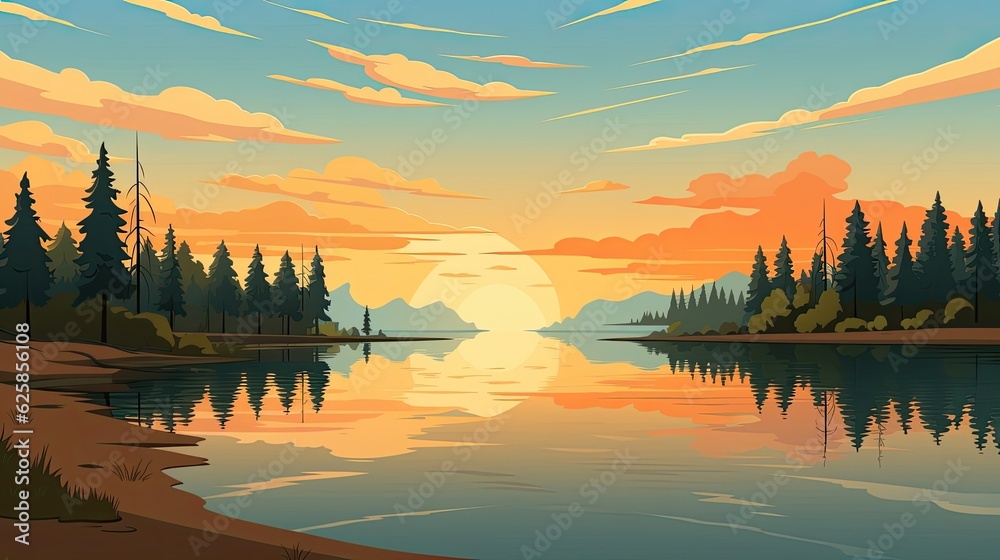 Obraz premium There is a big water body with distant trees and sky. (Generative AI)