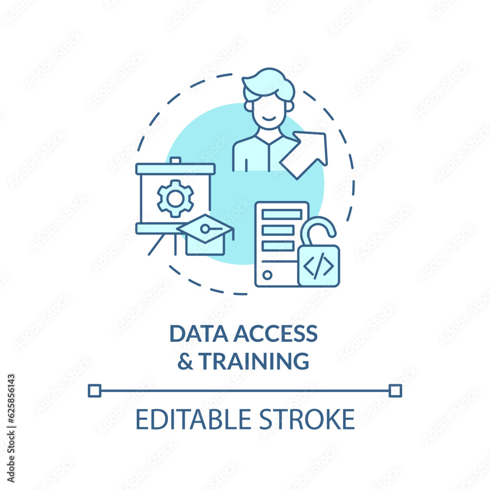 Editable data access and training concept blue thin line icon, isolated vector representing data democratization. Editable data access and training concept blue thin line icon, isolated vector representing data democratization.