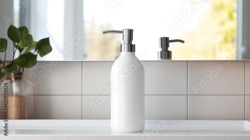 White liquid soap pump bottle in home bathroom interior  body wash and care cosmetic product packaging mockup.