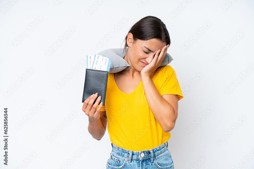 Woman with Inflatable Travel Pillow over isolated background with tired and sick expression Woman with Inflatable Travel Pillow over isolated background with tired and sick expression