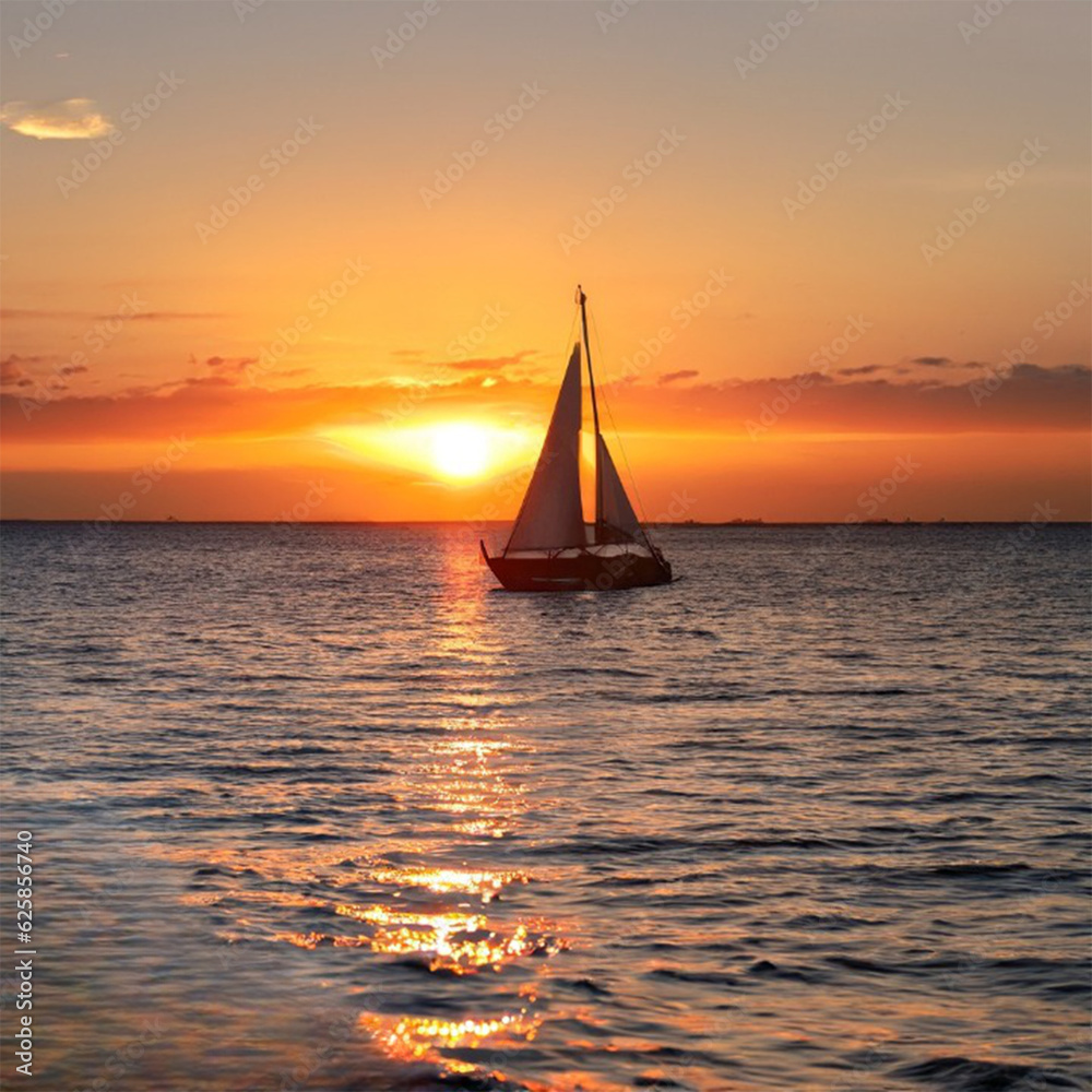 A sailboat gliding across the horizon as the sun dips below the waterline, creating a breathtaking scene of tranquility.
