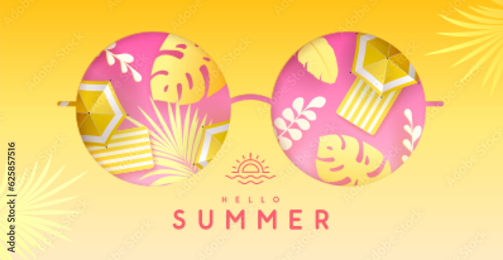Cut out paper round shaped sunglasses silhouette with beach umbrella and tropic leaves. Vector illustration.