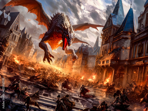 an artwork for the fantasy battlefront against two armies, one of them has a dragon flying over the battle