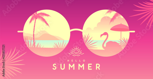 Colorful summer background with round shaped sunglasses and tropic beach landscape. Vector illustration