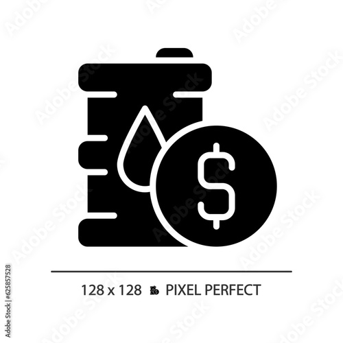 Oil price black glyph icon. Energy transition. Petrol barrel. Stock market. Fuel economy. Global trade. Crude oil. Silhouette symbol on white space. Solid pictogram. Vector isolated illustration